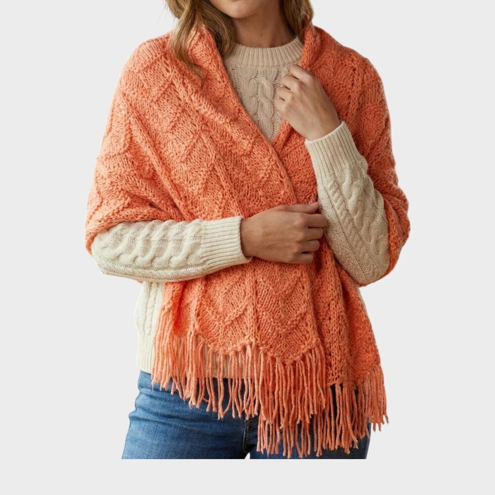 Handmade Salmon Coral Pink 20" x 36" Chevron Knit Shawl Blanket with Fringe